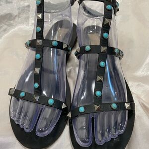 Valentino Garavani Black Sandals with Turquoise Studs